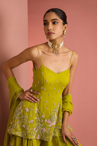 Zestara Lime Embroidered Sharara Set