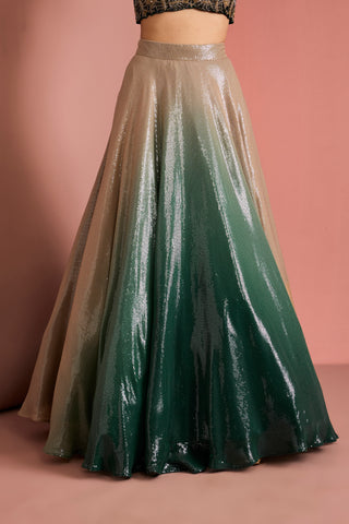 DARK GREEN SEQUINS SHEETING OMBRE LEHENGA SET