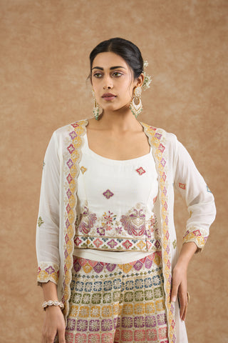 Off White Chinon Multocolored Thread Work Cape Sharara Set