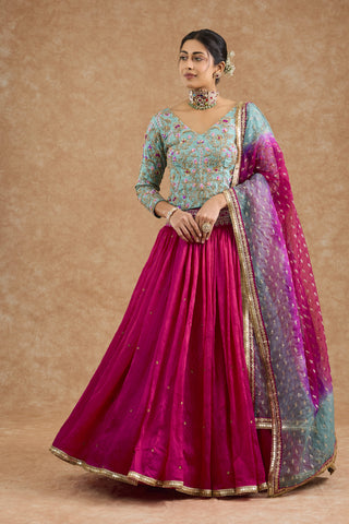 Hot Pink And Teal Viscose Silk Hand Embroidered Lehenga Set