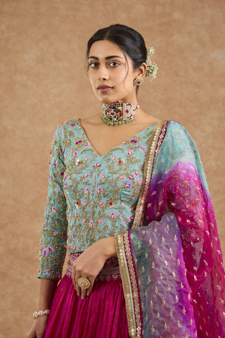 Hot Pink And Teal Viscose Silk Hand Embroidered Lehenga Set