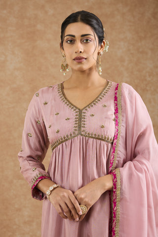 Dull Pink Viscose Opara Silk Hand Embroidered Kurta Set