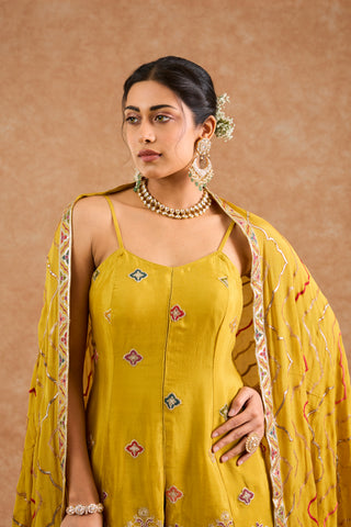 Mustard Chinon Multocolored Thread Work Peplum Sharara Set