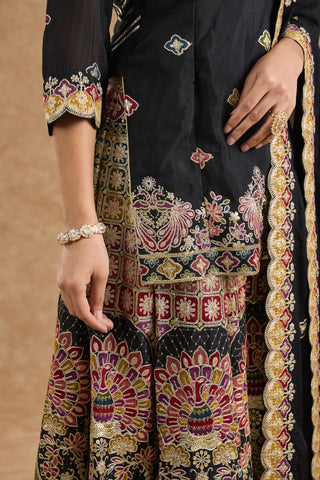 Black Chinon Multocolored Thread Work Sharara Set