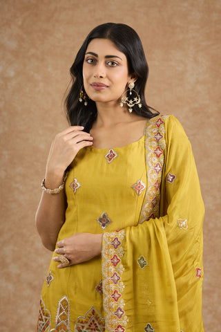 Mustard Chinon Multocolored Thread Work Sharara Set
