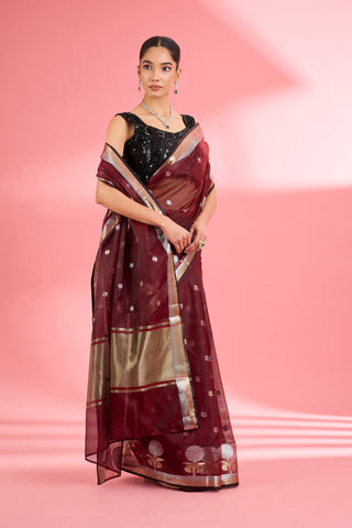 DARK MAROON PREMIUM KOTA DORIA SILK SAREE AND BLOUSE PIECE
