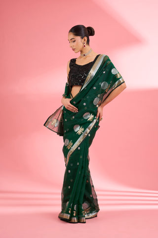 DARK GREEN PREMIUM KOTA DORIA SILK SAREE AND BLOUSE PIECE