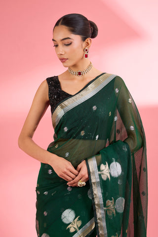 DARK GREEN PREMIUM KOTA DORIA SILK SAREE AND BLOUSE PIECE