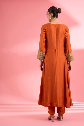 RUST KATAN SILK HAND EMBROIDERED KURTA SET