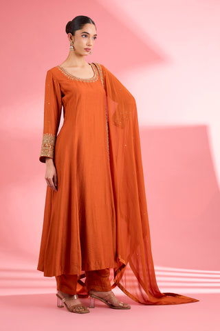 RUST KATAN SILK HAND EMBROIDERED KURTA SET