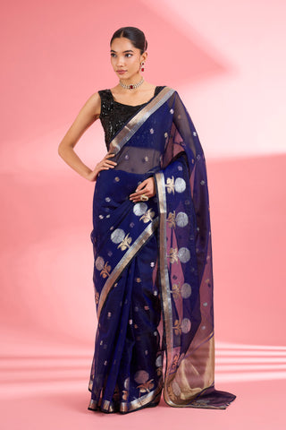 DARK BLUE PREMIUM KOTA DORIA SILK SAREE AND BLOUSE PIECE