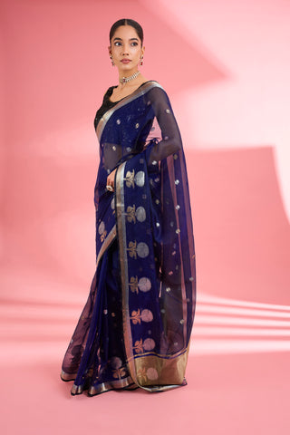 DARK BLUE PREMIUM KOTA DORIA SILK SAREE AND BLOUSE PIECE