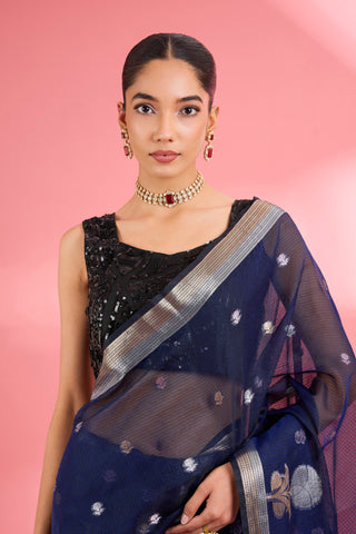 DARK BLUE PREMIUM KOTA DORIA SILK SAREE AND BLOUSE PIECE