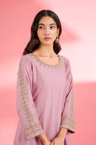 PINK KATAN SILK HAND EMBROIDERED KURTA SET