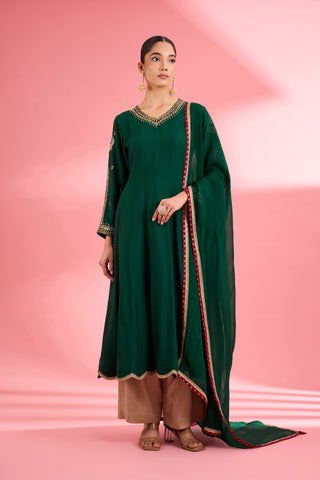 DARK GREEN   KATAN SILK HAND EMBROIDERED KURTA SET