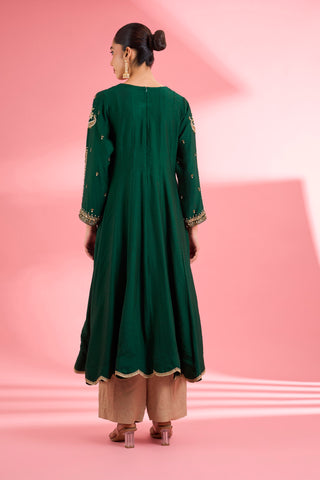 DARK GREEN   KATAN SILK HAND EMBROIDERED KURTA SET