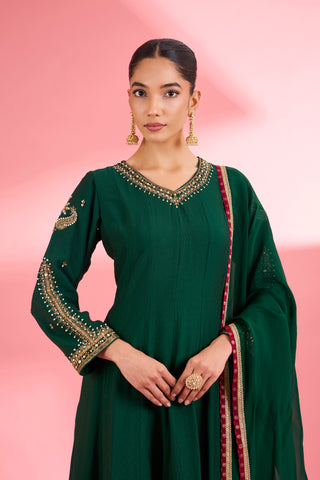 DARK GREEN   KATAN SILK HAND EMBROIDERED KURTA SET