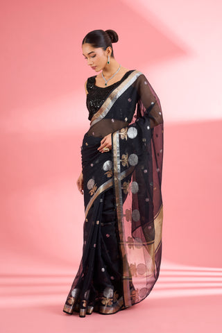 BLACK  PREMIUM KOTA DORIA SILK SAREE AND BLOUSE PIECE
