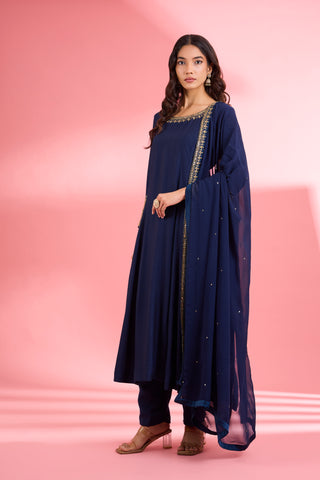 DARK BLUE KATAN SILK HAND EMBROIDERED KURTA SET