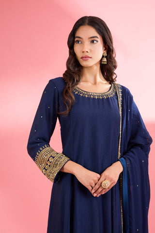 DARK BLUE KATAN SILK HAND EMBROIDERED KURTA SET