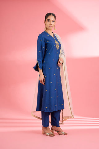 BLUE KATAN SILK HAND EMBROIDERED KURTA SET