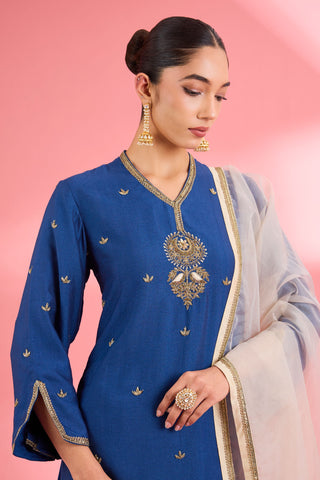 BLUE KATAN SILK HAND EMBROIDERED KURTA SET