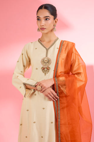 LIGHT BEIGE  KATAN SILK HAND EMBROIDERED KURTA SET