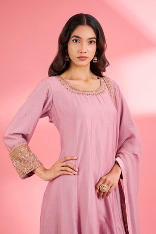 PINK  KATAN SILK HAND EMBROIDERED KURTA SET