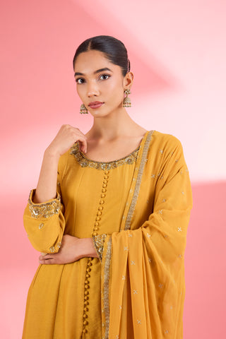 MUSTARD  KATAN SILK ANARKALI PANT  SET WITH HAND EMBROIDERY