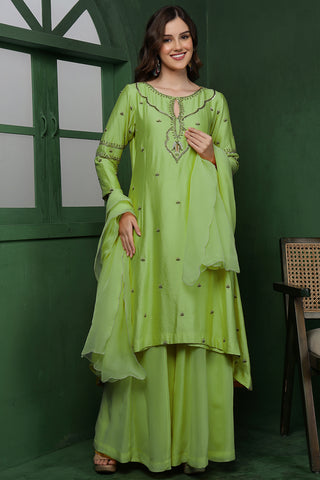 LIGHT GREEN   KATAN SILK KURTA SET WITH PEARL, CUTDANA  , SEQUINS WORK