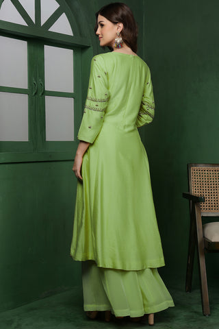 LIGHT GREEN   KATAN SILK KURTA SET WITH PEARL, CUTDANA  , SEQUINS WORK