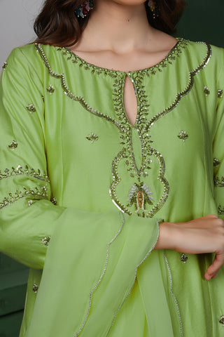 LIGHT GREEN   KATAN SILK KURTA SET WITH PEARL, CUTDANA  , SEQUINS WORK