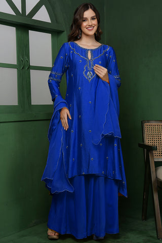 ROYAL BLUE  KATAN SILK KURTA SET WITH PEARL, CUTDANA  , SEQUINS WORK