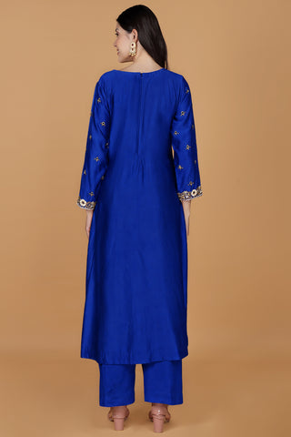 ROYAL BLUE  SELF KATAN KURTA PANT SET WITH CUTDANA PEARL MIRROR EMBROIDEREY AND ORGANZA DUPPATTA
