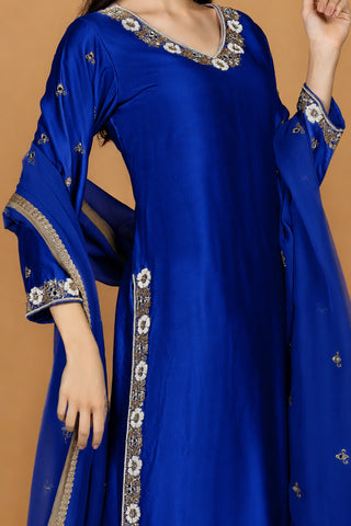 ROYAL BLUE  SELF KATAN KURTA PANT SET WITH CUTDANA PEARL MIRROR EMBROIDEREY AND ORGANZA DUPPATTA