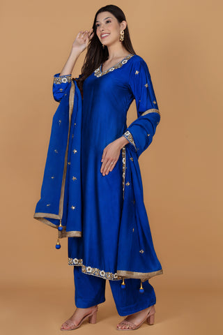 ROYAL BLUE  SELF KATAN KURTA PANT SET WITH CUTDANA PEARL MIRROR EMBROIDEREY AND ORGANZA DUPPATTA
