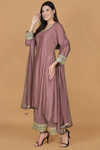 EARTHY PINK  SELF KATAN KURTA AND PANT WITH MIRROR WORK AND GEORGGETTE DUPPATTA