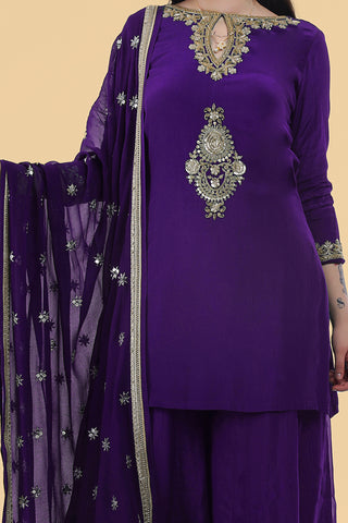 PURPLE  CREPE KURTA SHARARA SET