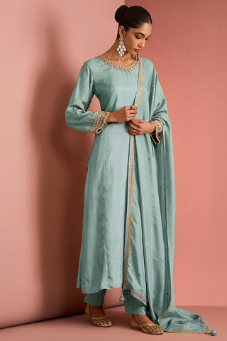 LIGHT TEAL OPARA SILK KURTA SET WITH HAND EMBROIDERY