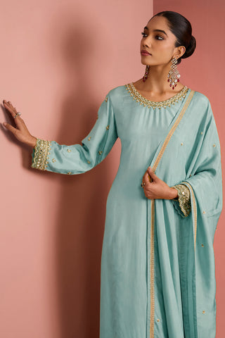 LIGHT TEAL OPARA SILK KURTA SET WITH HAND EMBROIDERY