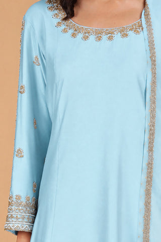 LIGHT BLUE KATAN SILK SHARARA  SET WITH BEADS AND PEARL EMBROIDERY