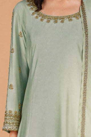 OLIVE GREEN   KATAN SILK SHARARA  SET WITH BEADS AND PEARL EMBROIDERY