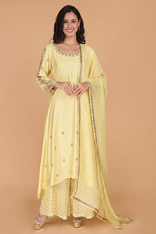 LIGHT YELLOW  KATAN SILK  SHARARA  SET WITH BEADS AND PEARL EMBROIDERY