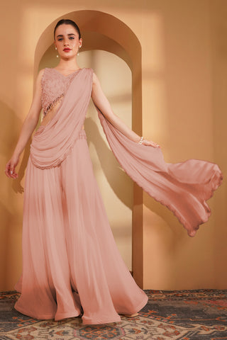 PEACH CREPE PEARLWORK  SHARARA SET