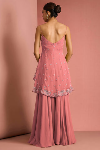 CORAL  CREPE BEAD WORK SHARARA SET