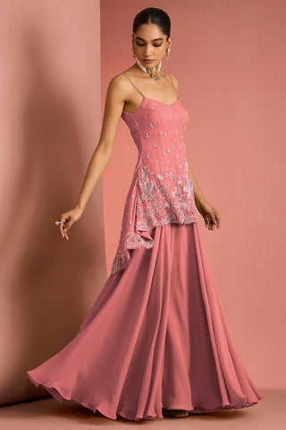 CORAL  CREPE BEAD WORK SHARARA SET