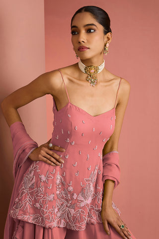 CORAL  CREPE BEAD WORK SHARARA SET