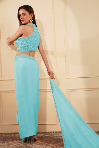 LIGHT BLUE CREPE DRAPE SKIRT SET WITH HEAVY HAND EMBROIDERED HALTER BLOUSE AND DUPATTA