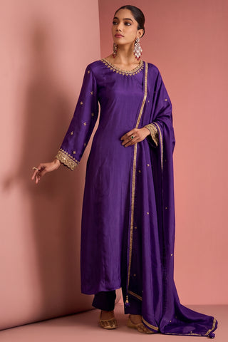 DARK PURPLE  OPARA SILK KURTA SET WITH HAND EMBROIDERY