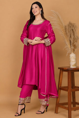 FUSCIA  SELF KATAN KURTA AND PANT WITH MIRROR WORK AND GEORGGETTE DUPPATTA